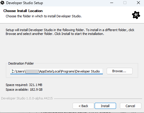 The Destination folder window displays with the folder path and the Install button is selected